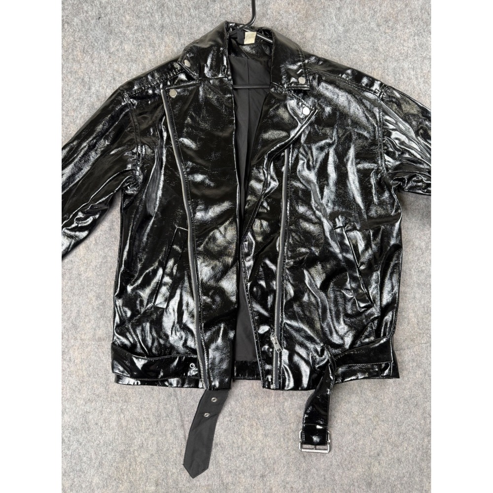 H&M Divided Moto Jacket Women XS Black Patent Faux Leather Belted Biker Chic Y2K